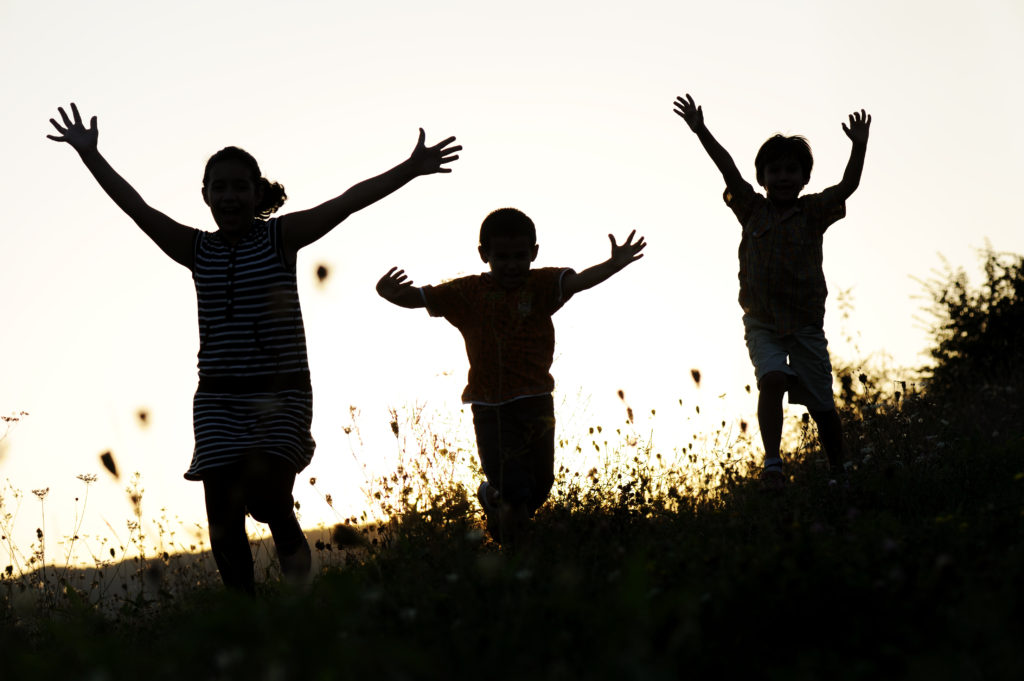 Happy children in nature at sunset